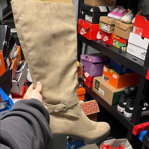 Tan Knee-High Boots with Buckle